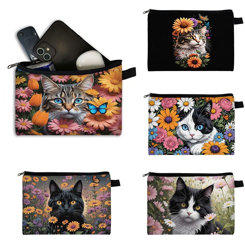 Estuche de cosméticos con estampado de gatito Kawaii para mujer, organizador de maquillaje, bolsa de almacenamiento de servilletas, bolsa de artículos de tocador para mujer, mariposa, flores, gato