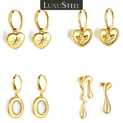LUXUSTEEL Golden White Shell Heart Women's Hoop Earrings Stainless Steel Female Earring Round-shaped Drop Ear ring Jewelry Gifts
