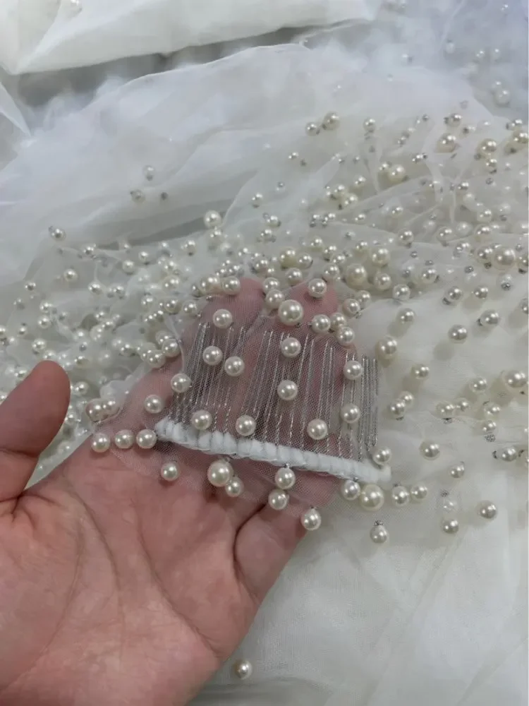 Wedding Veil for Bride Luxury Full Dense Pearls Edge Mantilla Long Bridal Veil Bride Accessories Ivory velos de novia 1 Tier