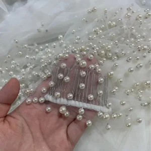 Voll dichte Perlenkante Brautschleier, Hochzeitsschleier, Brautzubehör, Elfenbein, Luxus, 1 Schicht 12 Hauptverkäufe Mantilha - №10