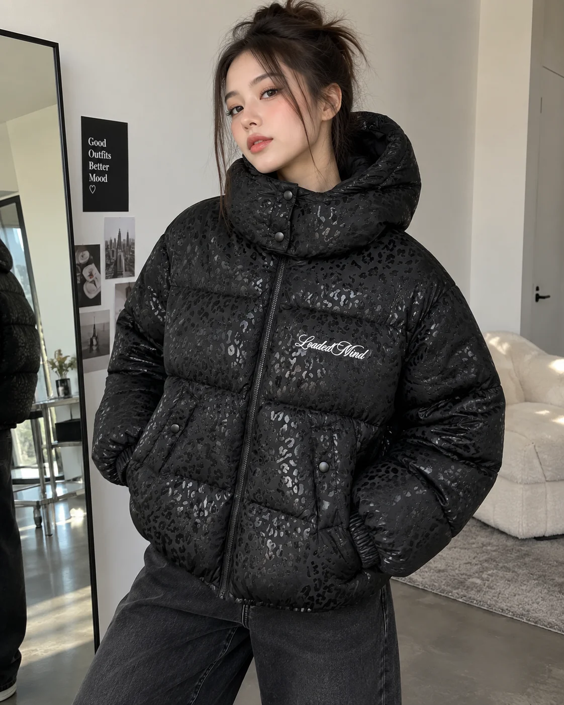 Y2K Puffer Jacket for Women Black Leopard Print Hooded Zip Up Oversized Quilted Padded Coat Autumn Winter Everyday Streetwear