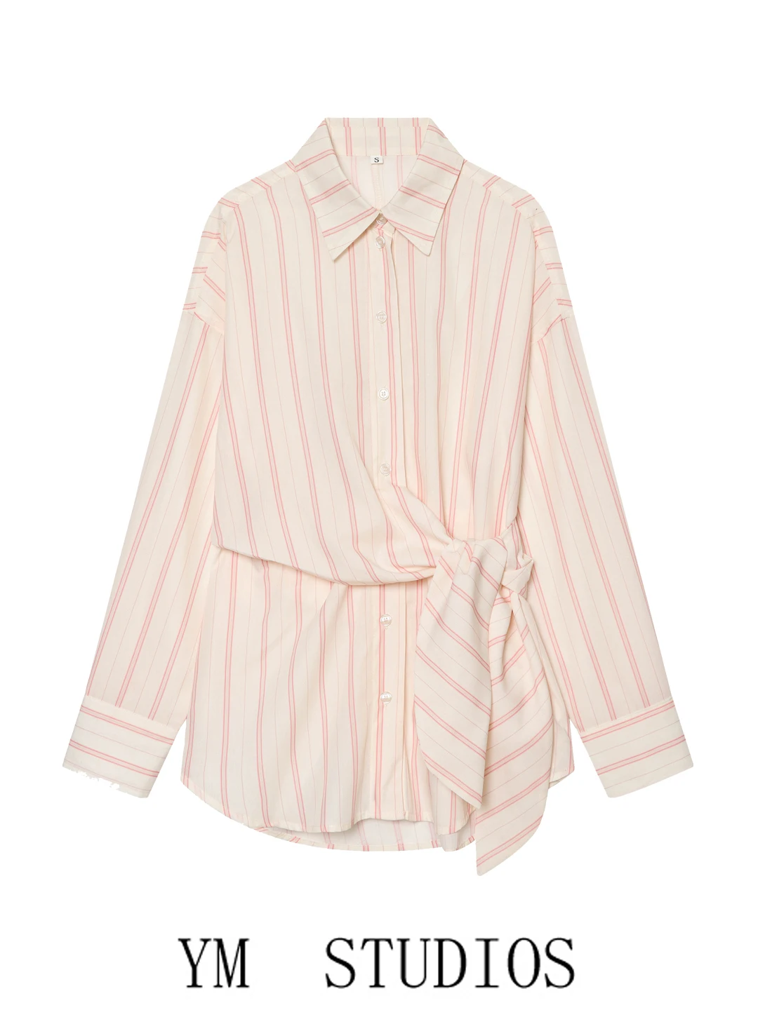 Women's Striped Shirt Tie Knot Waist Design Long Sleeve Turn-down Collar Fashionable Polyester Fiber Loose Fit Autumn Wear