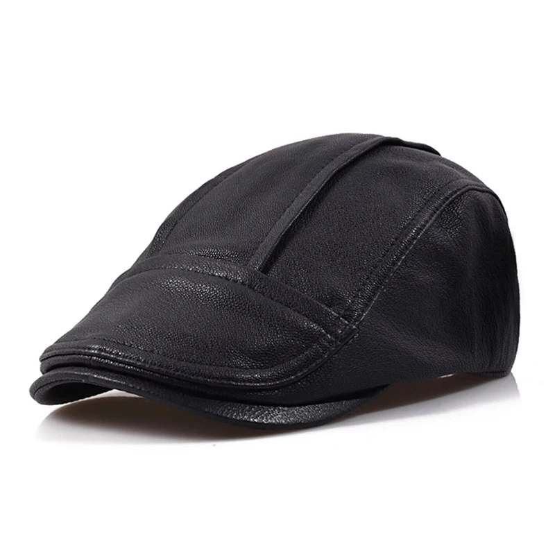 

Fashion 2023 Outdoor Unisex Genuine Leather Duckbill Boina Berets Hats For Men Women Leisure Black Fitted Cabbie Bonnet