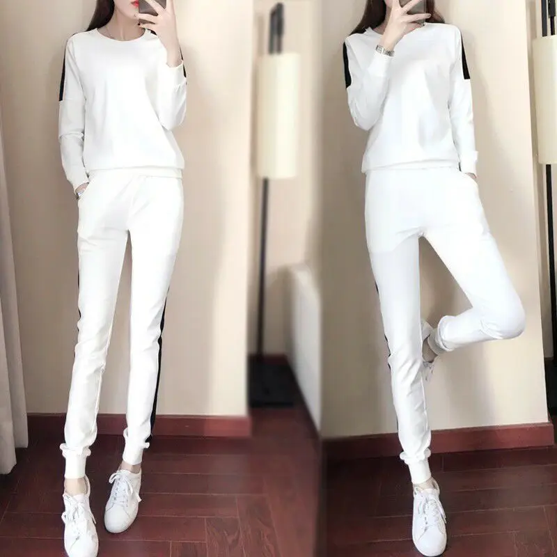 New Autumn Fashion Women's Sport Suit Two-Piece Set Slim Fit Harlan Pants Long Sleeve Printed Casual British Style Student