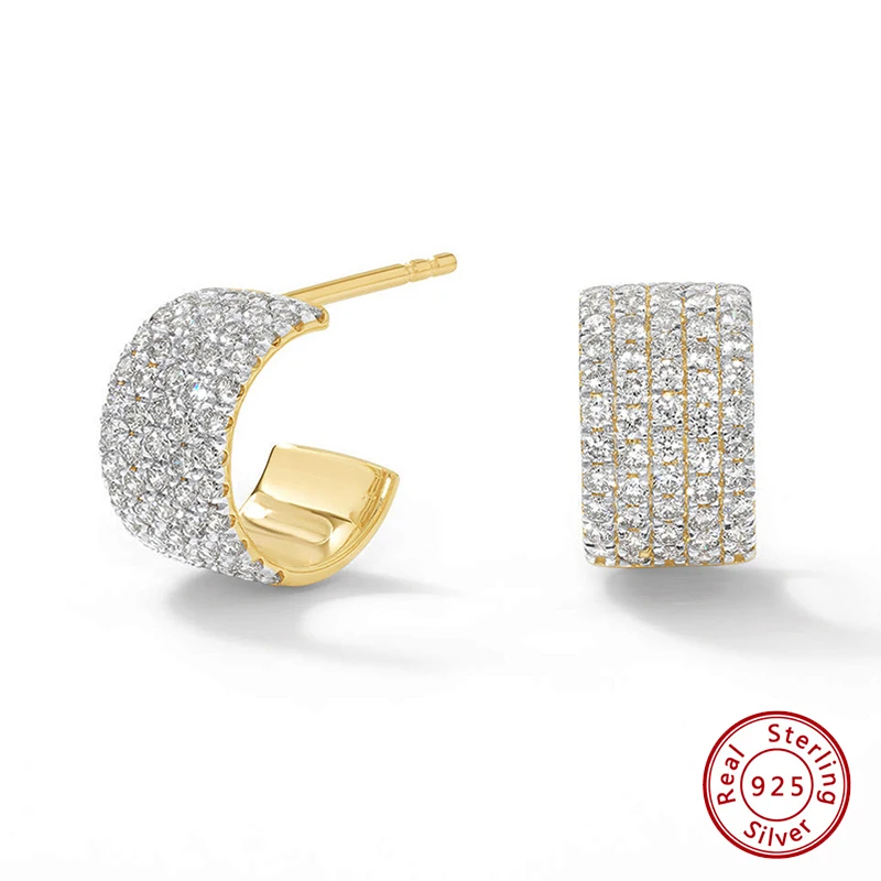 

925 Sterling Silver Earrings Original Certified Five Row Full Zircon C Shape Earrings For Women Luxury Jewelry Gold Earrings