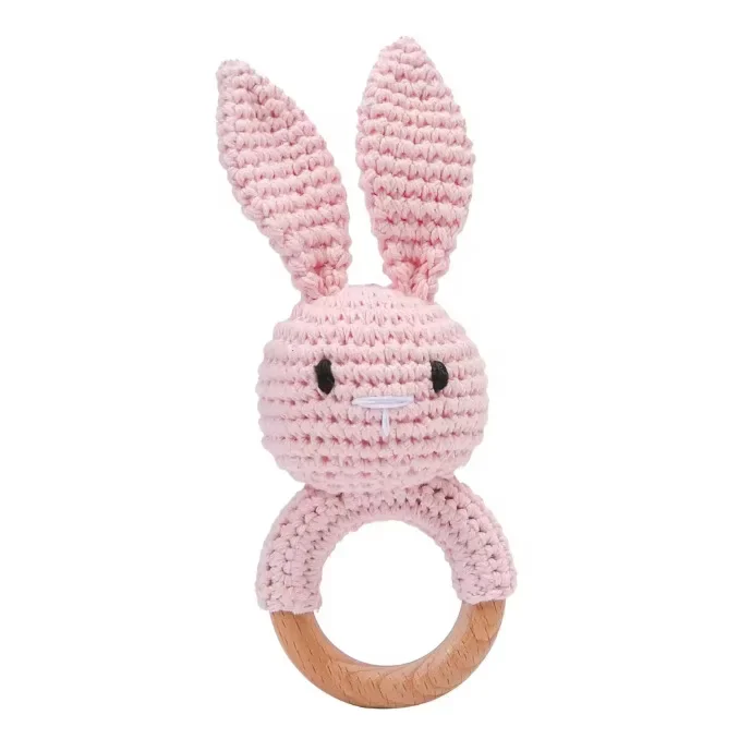 Crochet Rabbit Rattle Toy Wooden Handmade Jingle Rattle Comfort Animal Easter Crochet Wicker Pine Decor Easter Crochet Decor