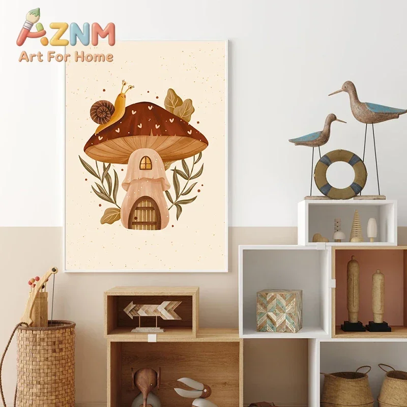AZNM Mushroom House Snail Canvas Wall Art Frameless Cute Cartoon Fairy Tale Botanical Print Poster for Home Wall Decor