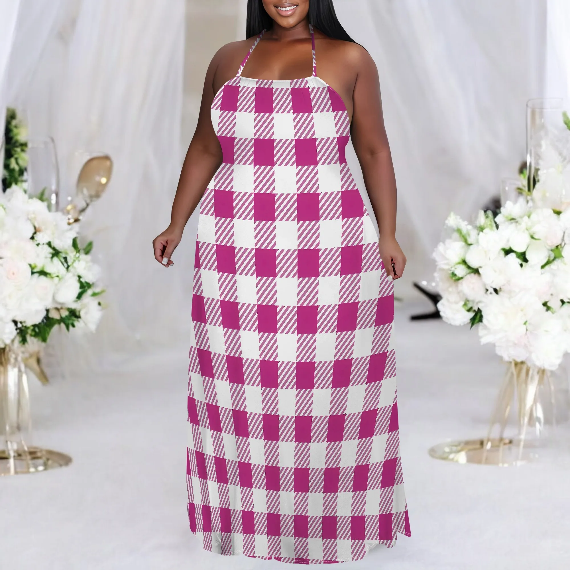 Plus Size Pink Plaid Halter Maxi Dress for Women Sleeveless Checkered Casual Summer Dress