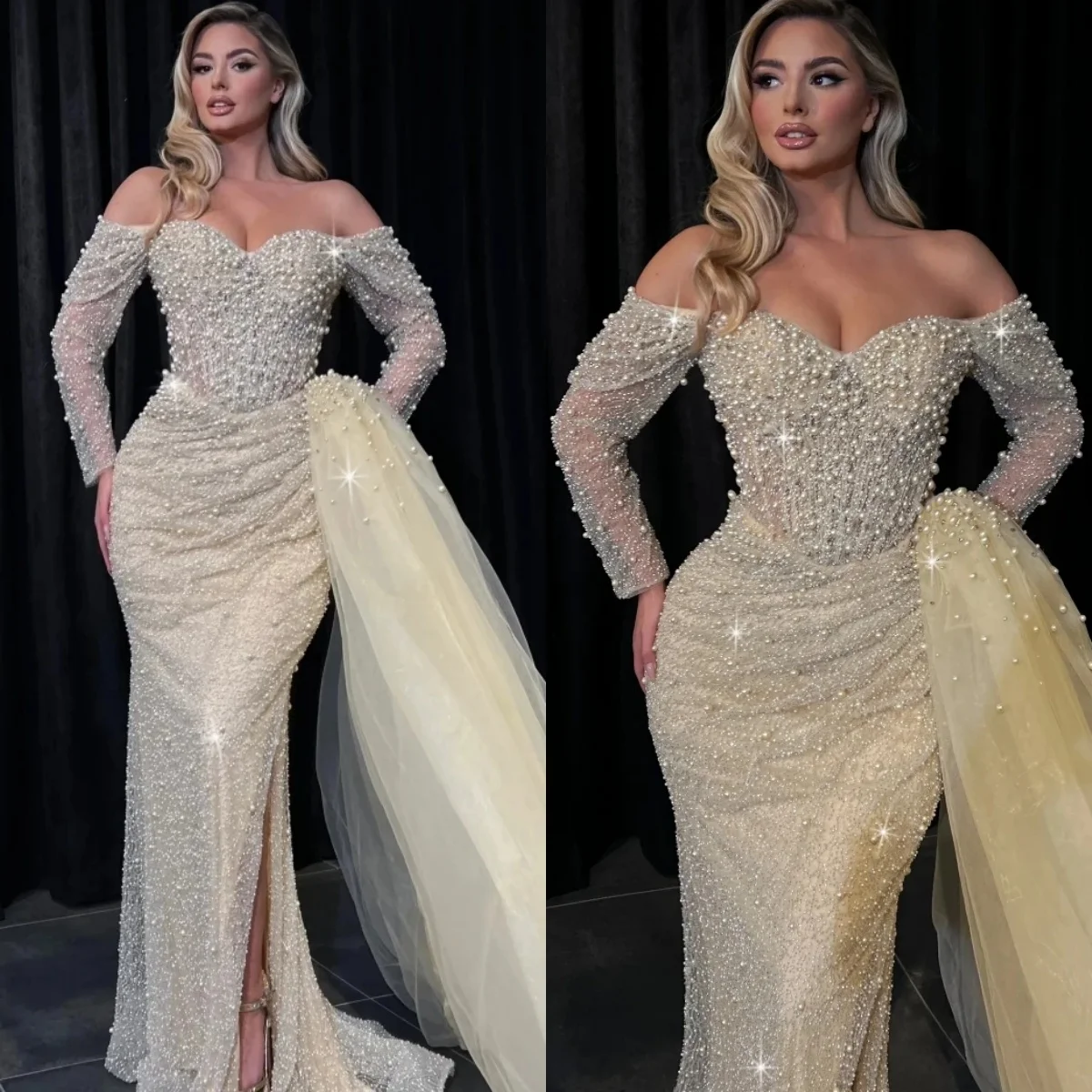 Proste suknie ślubne perły cekiny suknie ślubne odpinany pociąg Off the Shoulder dostosowana suknia dla panny młodej Vestidos De Novia