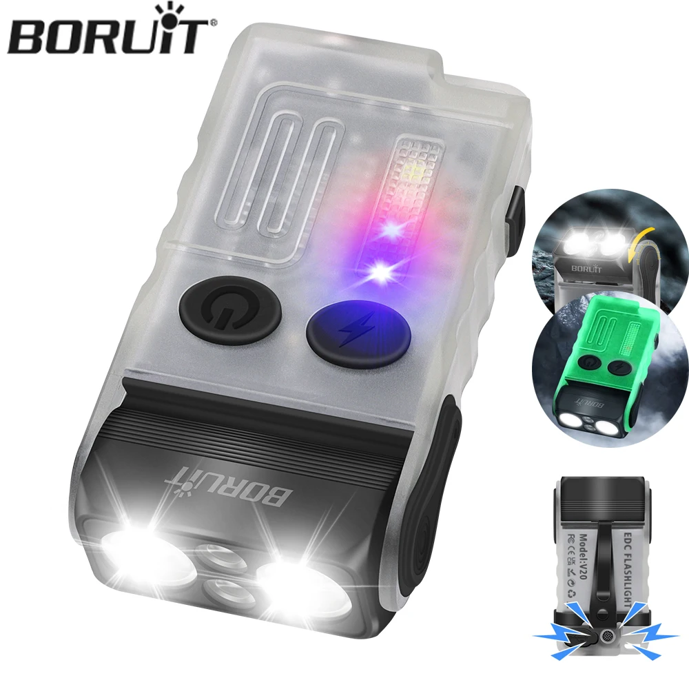 BORUIT V20 EDC LED Keychain Flashlight 180° Rotatable Type-C Rechargeable Spotlights Camping Flash Light Alarm Emergency Lamp