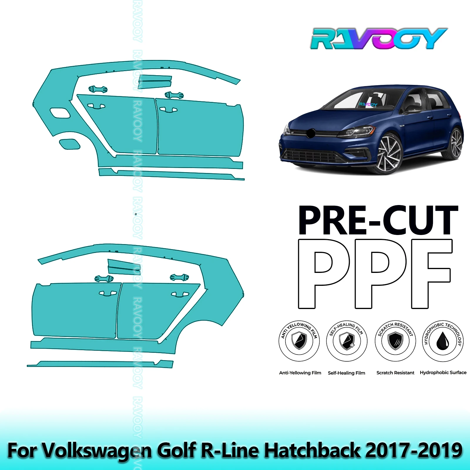 

For Volkswagen Golf R-Line Hatchback 2017-2019 8.5mil Pre-Cut PPF Door & A/B Pillar Kit TPU Paint Protection Film Set