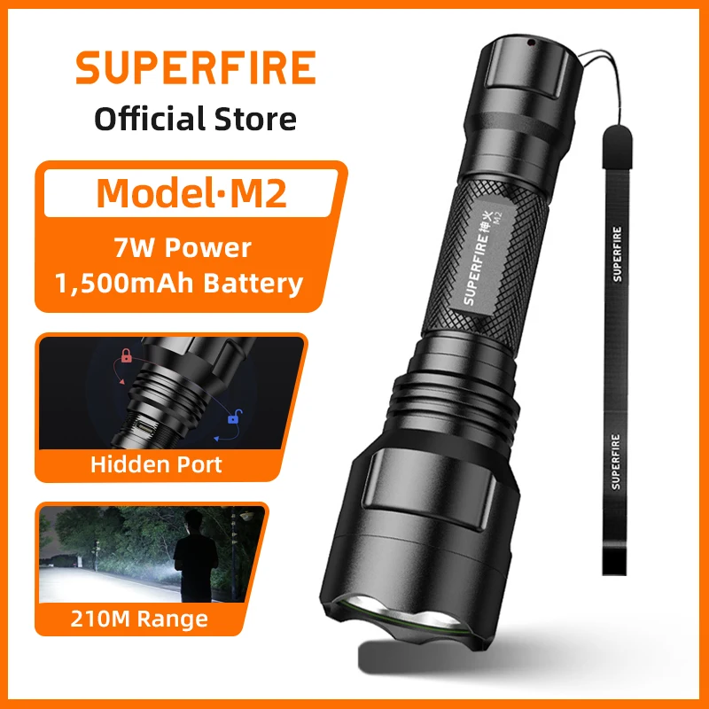 SUPERFIRE M2 7W LED Torch light Super Bright 220LM White light Flashlight Type-C Rechargeable 5modes With Tail Switch