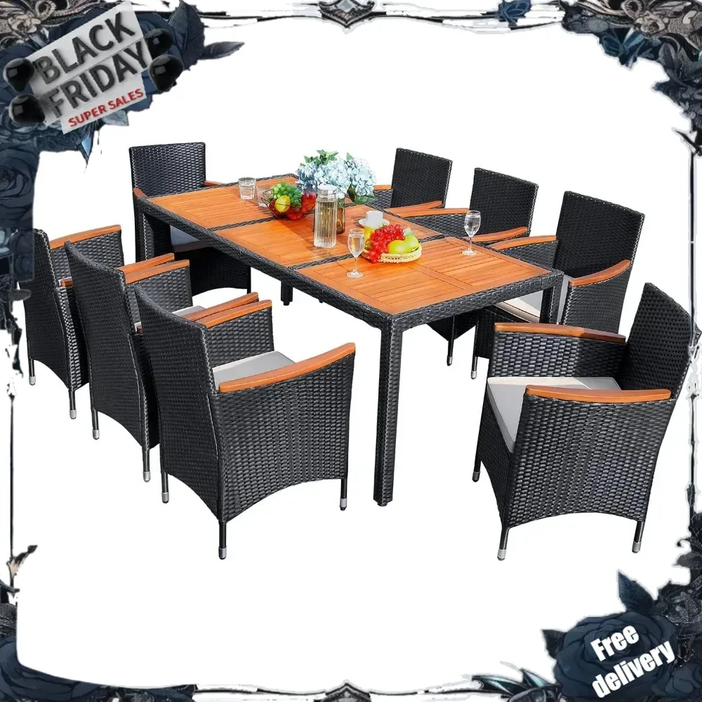 9 Piece Patio Dining Set Outdoor Acacia Wood Table and Chairs with Soft Cushions Wicker Patio Furniture for Deck