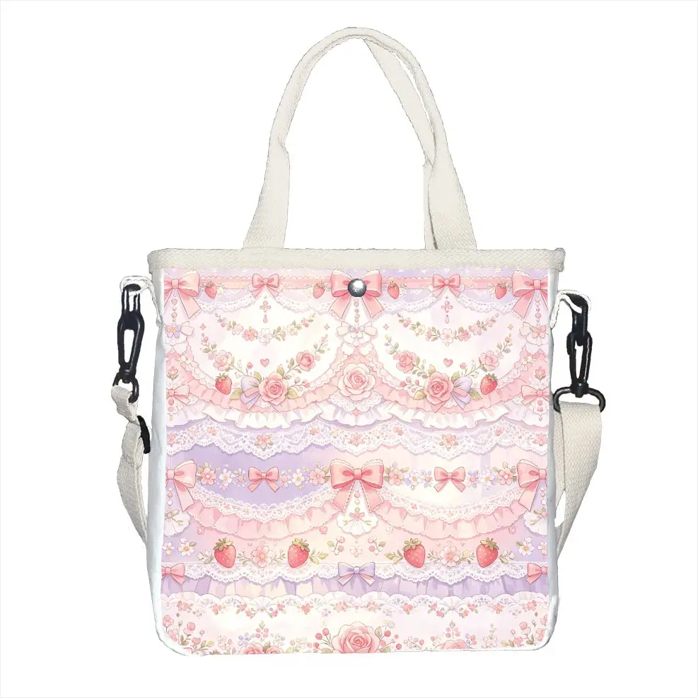1pc Sweet Lolita Strawberry & Lace Print Tote Bag, Adjustable Strap Pastel Floral Shoulder Bag