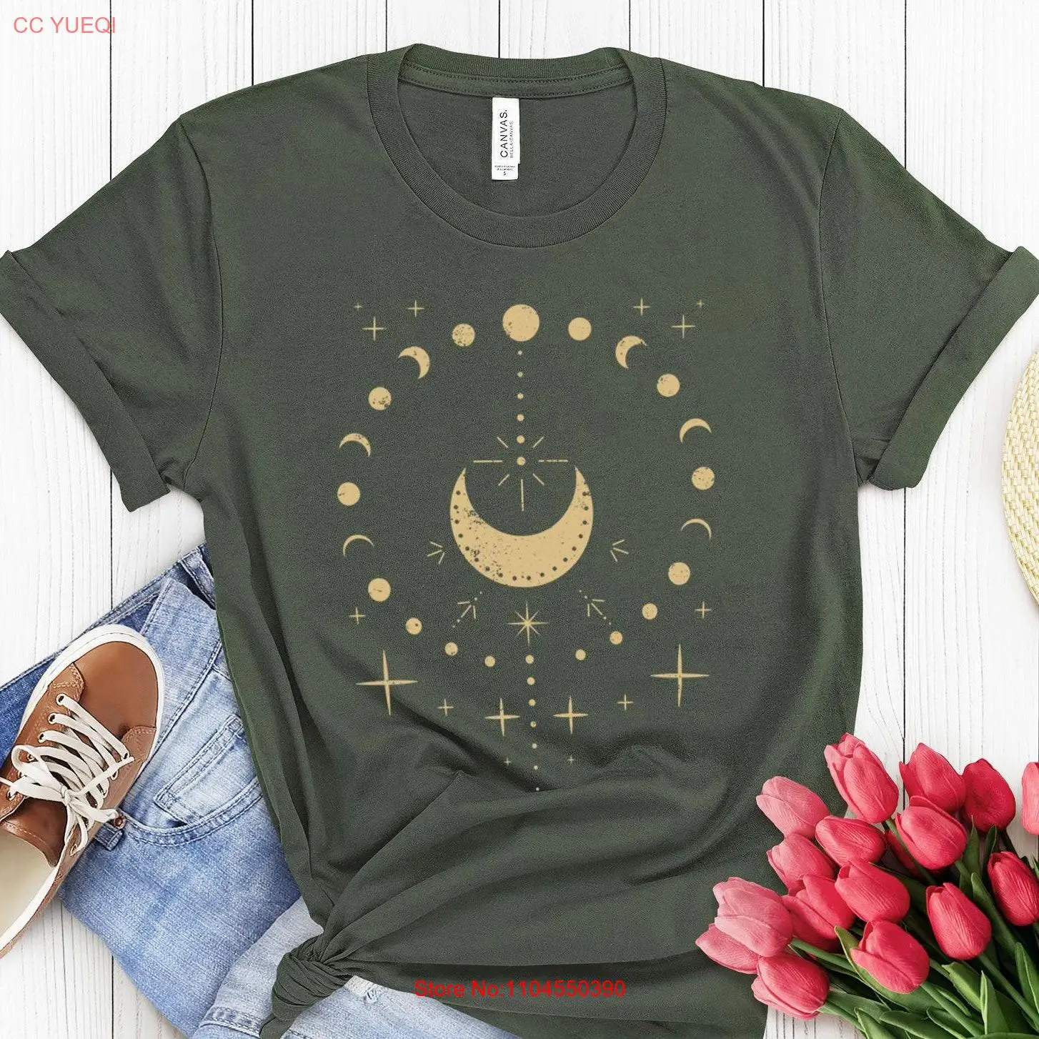 Moon T Shirt Women Celestial Phase Mystical Boho Feminine Spiritual for Woman long or short sleeves