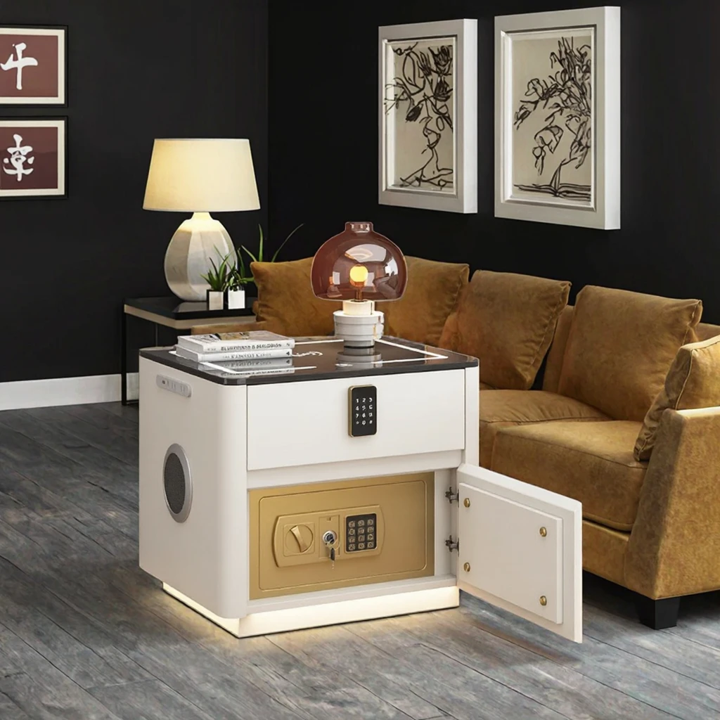 Modern Luxury Solid Wood Bedside Table Smart Nightstand Fingerprint Lock Hidden Cabinet Wireless Charging LED Light Hospital