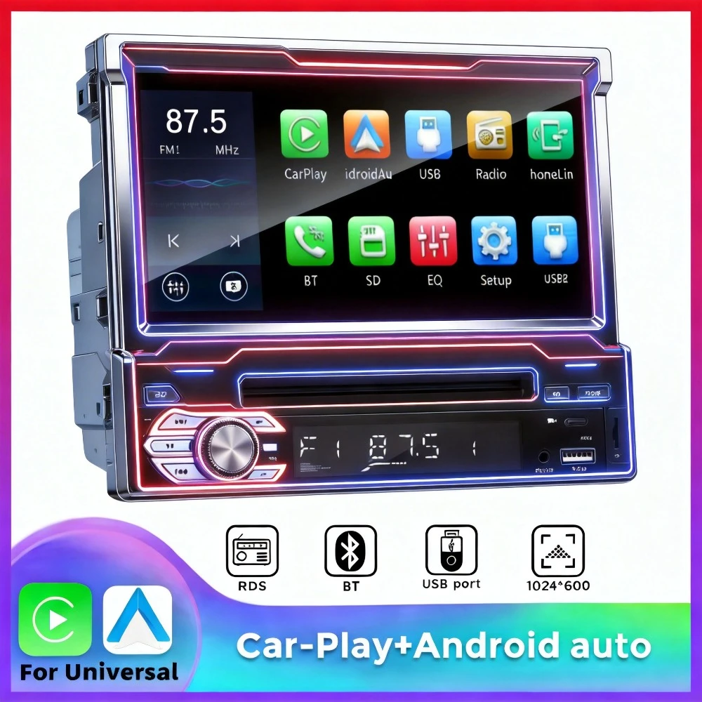 

1 Din 7 Inch Retractable Touch Screen Car Stereo, MP5 Player Support CarPlay Android Auto Mirror Link, Bluetooth FM AUX Input