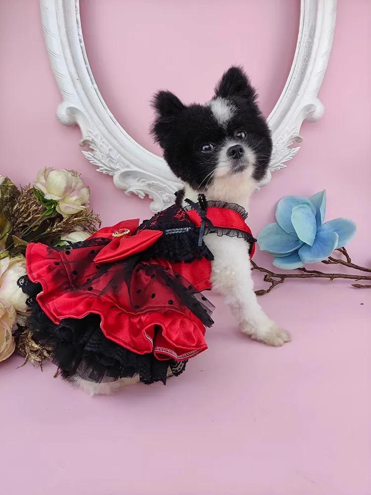 Handmade Dog Clothes Pet Supplies Unique Design Princess Dress Classic Black Red Satin Dot Grenadine Shine Gem Accessories Party