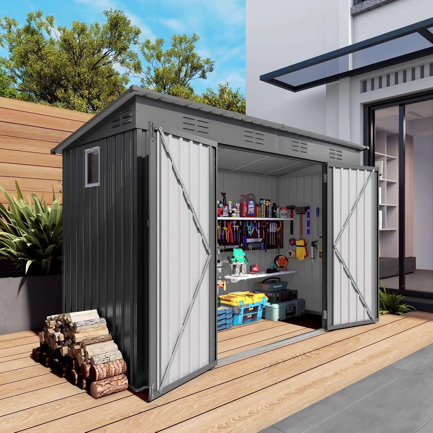 9x4FT Metal Lean to Shed with Window & Lockable Door Outdoor Garden Storage Tool Shed for Bike Lawn Mower, Customized - view 2