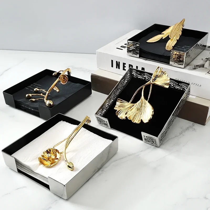 

Ins European Stainless Steel Tissue Box Brass Ginkgo Leaf Decor Hotel Table Napkin Holder Afternoon Tea Desktop Tissue Organizer