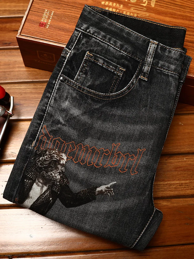 Trendy printed jeans for men's autumn 2024 elastic slim fit small feet casual washed denim light luxury pants