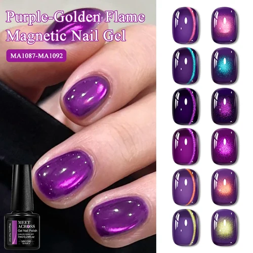 Esmalte de uñas de Gel magnético con llama de gato, color morado y dorado, brillo brillante, semipermanente, barniz de Gel UV para decoración artística de uñas