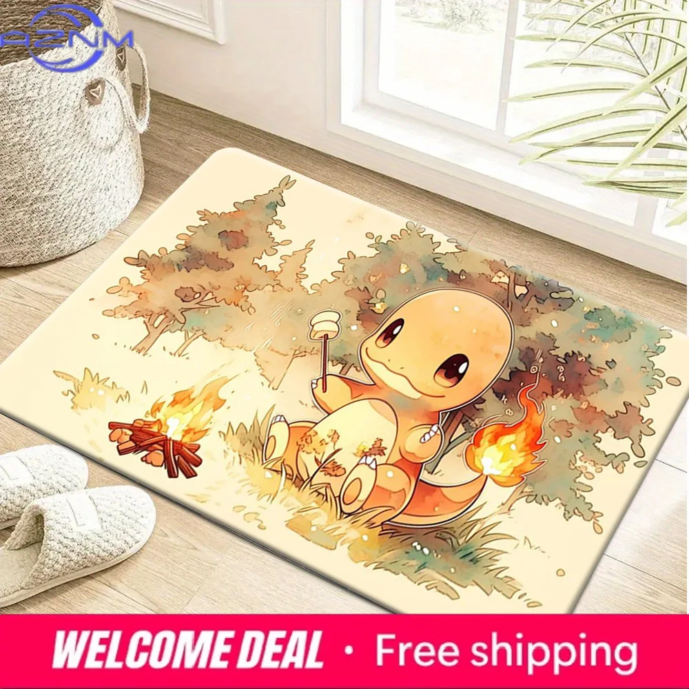 Cute Watercolor Charmander Campfire Roast Marshmallow Print Soft Non-Slip Absorbent Indoor Home Doormat Floor Rug