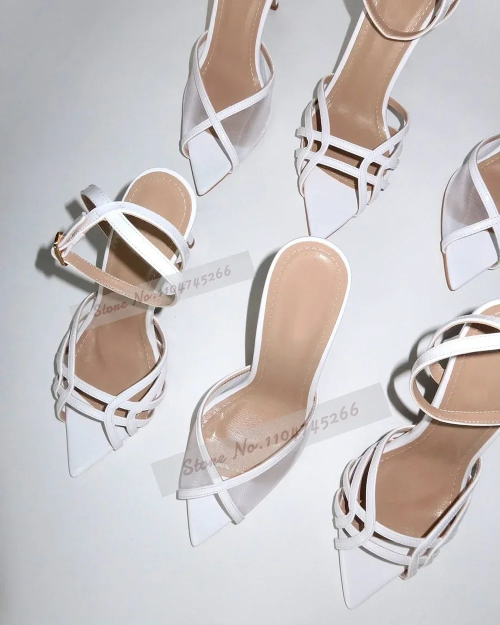 أبيض أسود الهواء شبكة عالية الكعب البغال خنجر الكعوب الانزلاق على النعال الحديثة عبر حزام أشار تو خارج فستان الصنادل