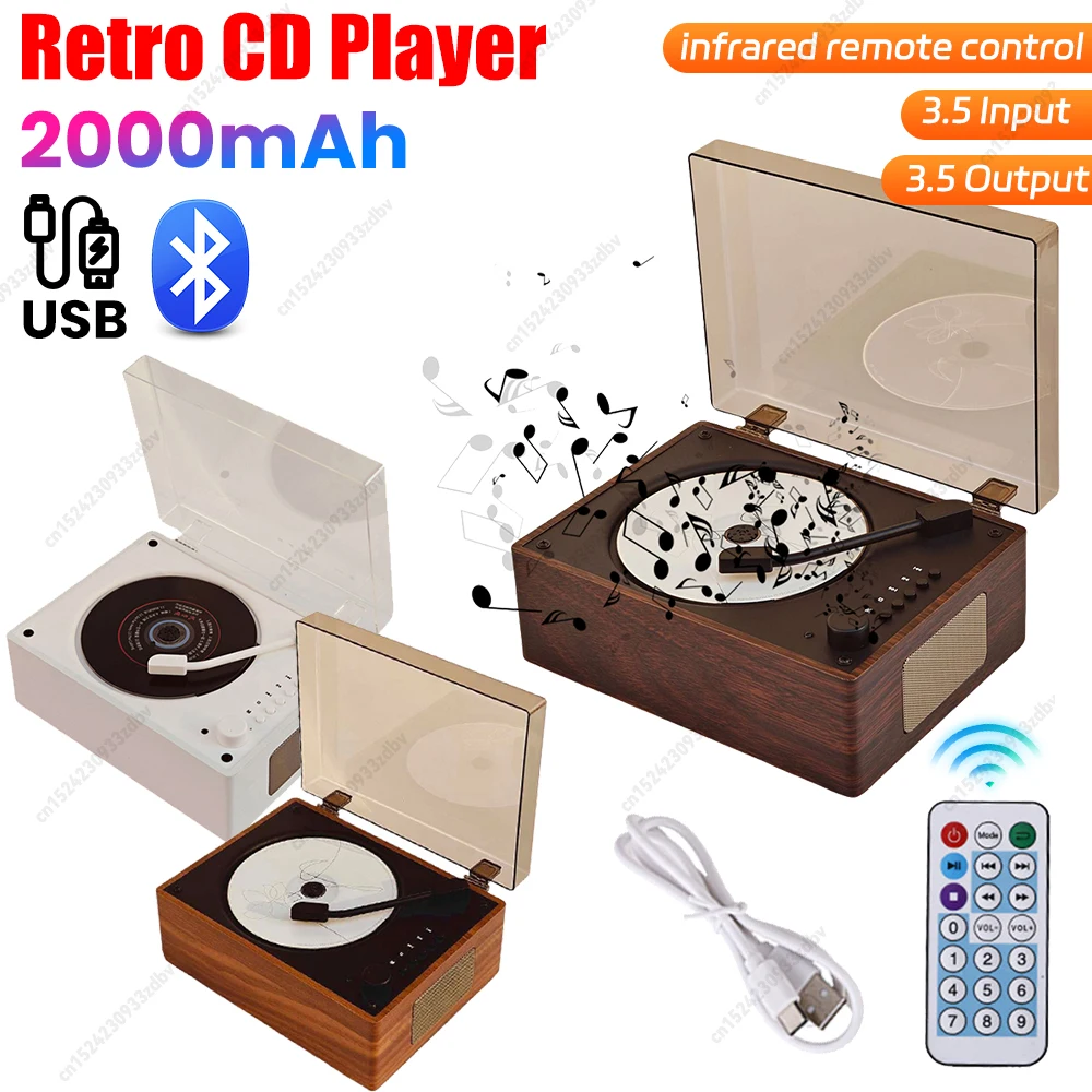 Vintage Leather CD Player Two-way Bluetooth 5.0 Built-in Speaker Portable Rechargeable Support CD BT USB 3.5mm AUX Home Decor