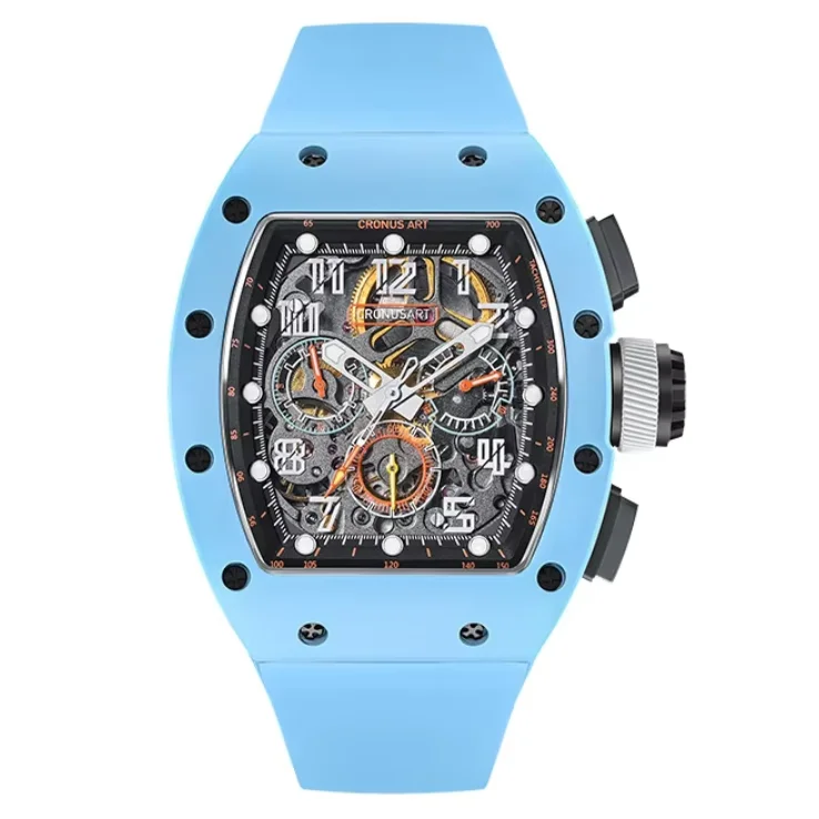 

CRONUSART Мужские часы-хронограф 50 мм Tonneau Автоматические механические наручные часы Корпус из углеродистой стали Светящийся скелетонизированный циферблат