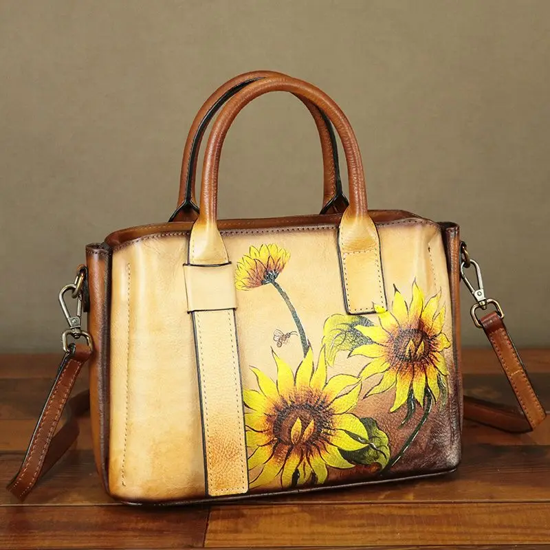 Cowhide Handmade Leather Women's Leather Bag Women's Crossbody Bag Women's Shoulder Bag Women's Handbag 2024 New Hand-painted