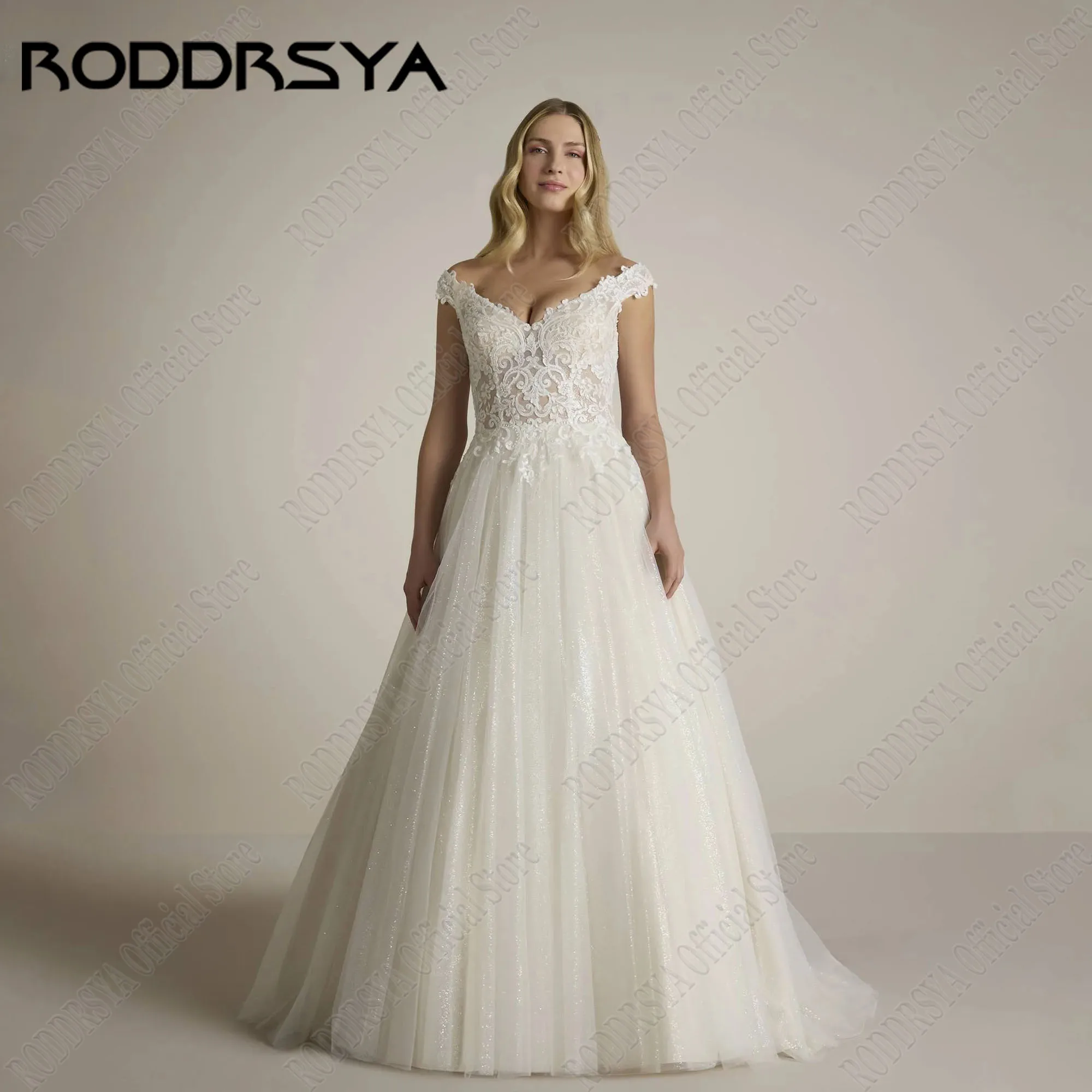 

RODDRSYA Glitter Wedding Dresses Off Shoulder Appliques Lace V Neck A Line Sparkly Tulle Boho Bride Gown 2024 vestidos de novia