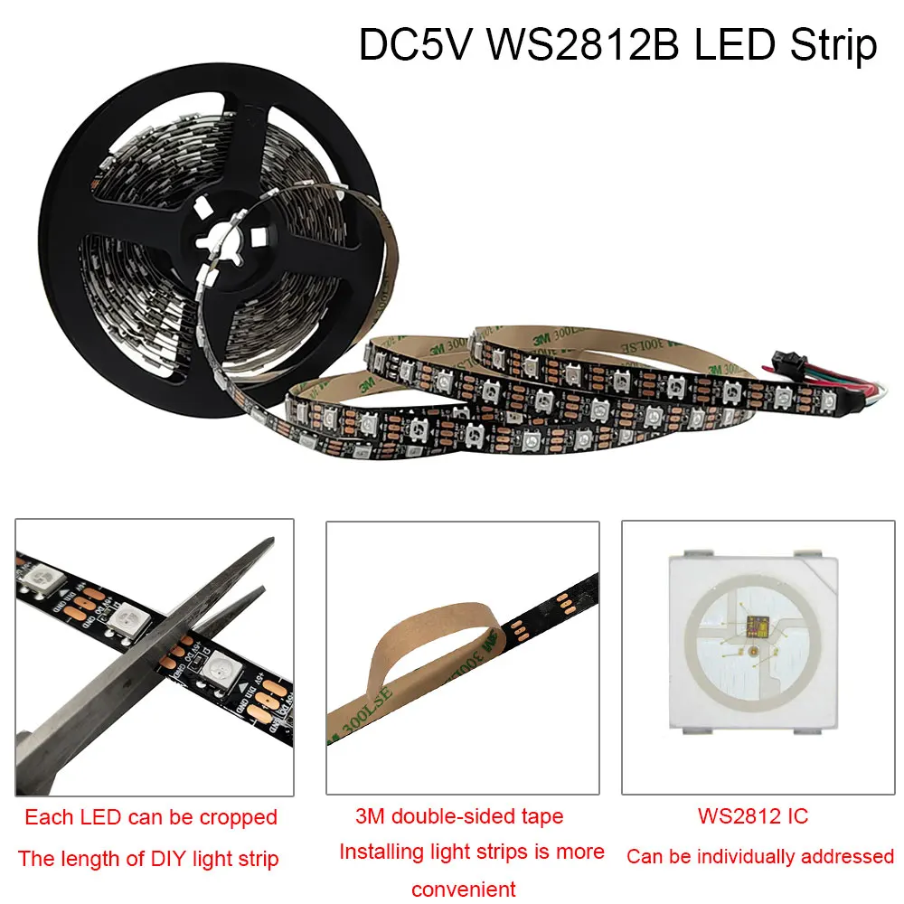 WS2815 WS2812B RGB 30/60/74/96/144Pixels/Leds/m Individually Addressable IC Smart LED Strip Light Black/White PCB IP30/IP65/IP67