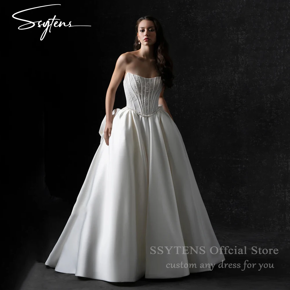 

SSYTENS Luxury Pearls Wedding Dresses Strapless Lace Princess Women Bow Backless Bride Dresses Gown Customized robe de mariée