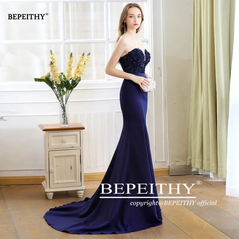 BEPEITHY Customized Strapless Sweetheart Mermaid Vestidos De Fiesta Sweep Train Lace Bodice Evening Dress Elegant Robe De Soiree