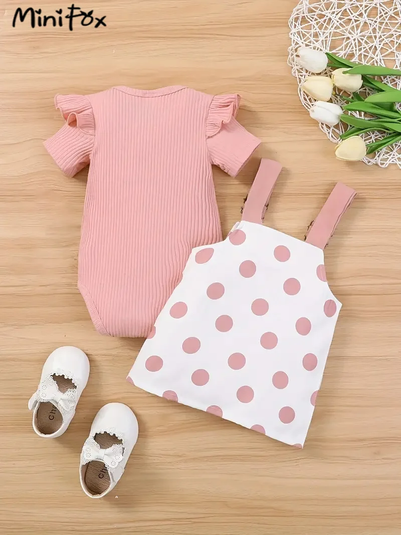 MiniFox Cute Bear Baby Dresses Girls Pink Romper and Dots Dancing Bear Suspender Dress Newborn Infants Sets For Girls