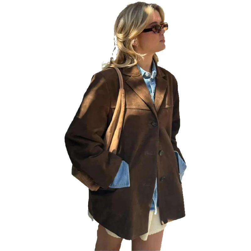 Gola marrom feminina jaet com kets artístico vintage faion outono 2024 solto ajuste mistura de poliéster longo casaco sve