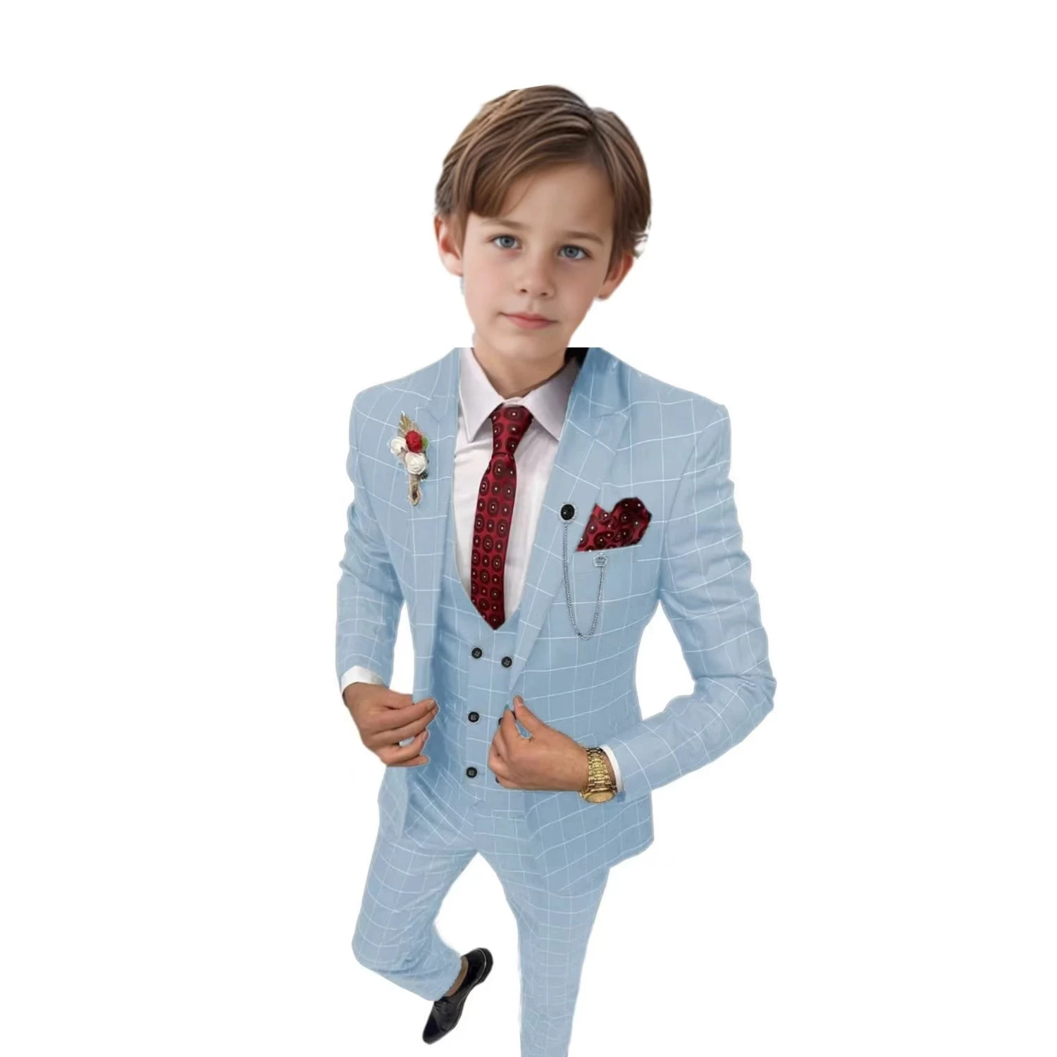 2024 New Classic Tuxedo For Boys One Button Plaid Suit 3 Piece Jacket Vest Pants Wedding Formal Party  Set  Wedding Prom Suits