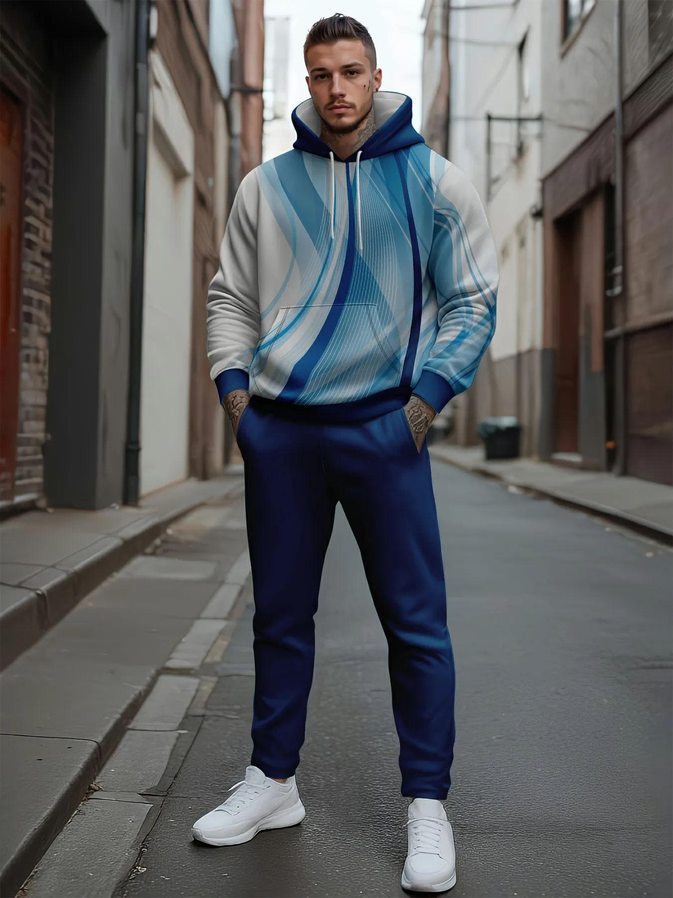 طقم بدلة رياضية بغطاء للرأس للرجال بطباعة ثلاثية الأبعاد، سويت شيرت كاجوال فضفاض من الصوف الدافئ #1