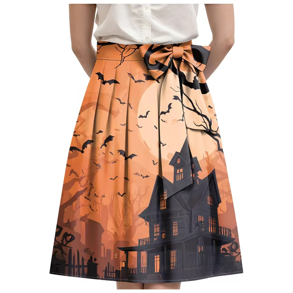Ladies Fun Halloween Print Skirt Women Pleated Skirts Lace Up Strap Bow Decorate Traditional A-Line Medium Length Skirt