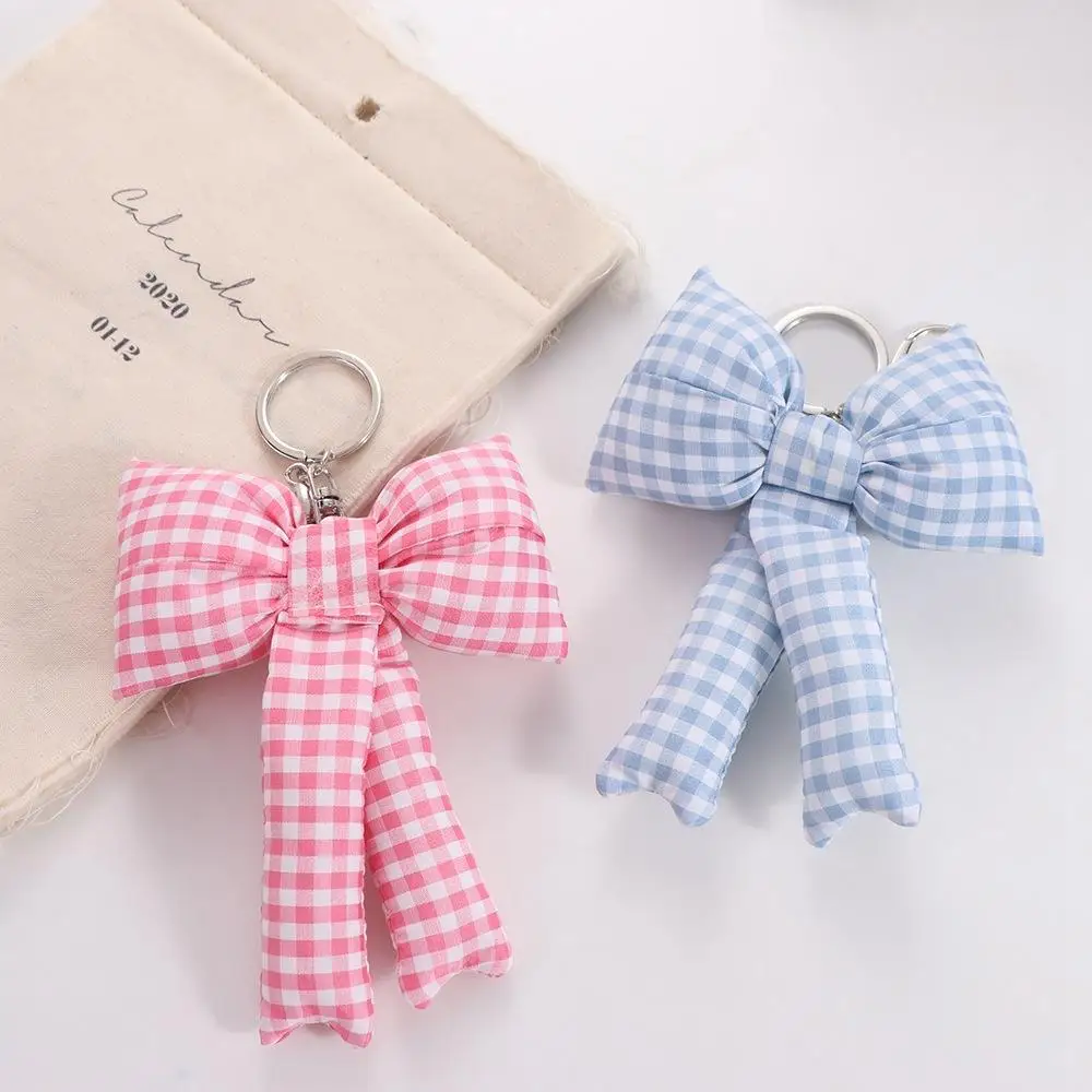 Fashion Grid Bow Bag Pendant Balletcore Korean Style 3D Bowknot Keychain Cotton Filled Phone Chain Y2k Bag Hanging Daily