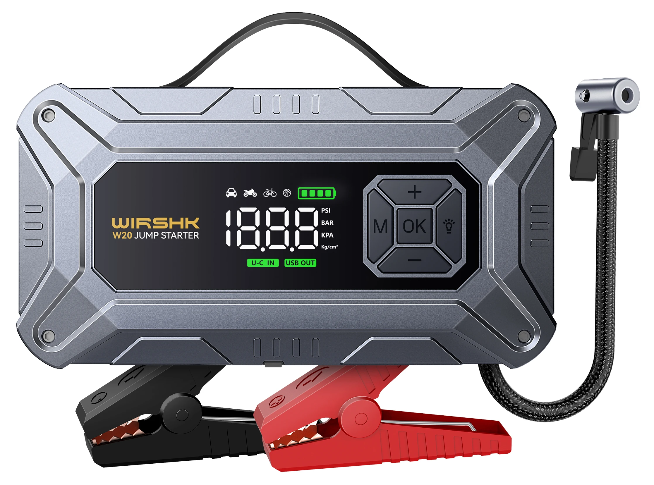 1500A/1000A PEAK Kabelloser Auto-Reifenfüller und Starthilfe mit Luftkompressor |   Für 12V (ALLE Benzin-/Dieselmotoren) Schnellstart-Autos, USB-Eingang/-Ausgang, LED-Notlicht, Wiederaufladbare