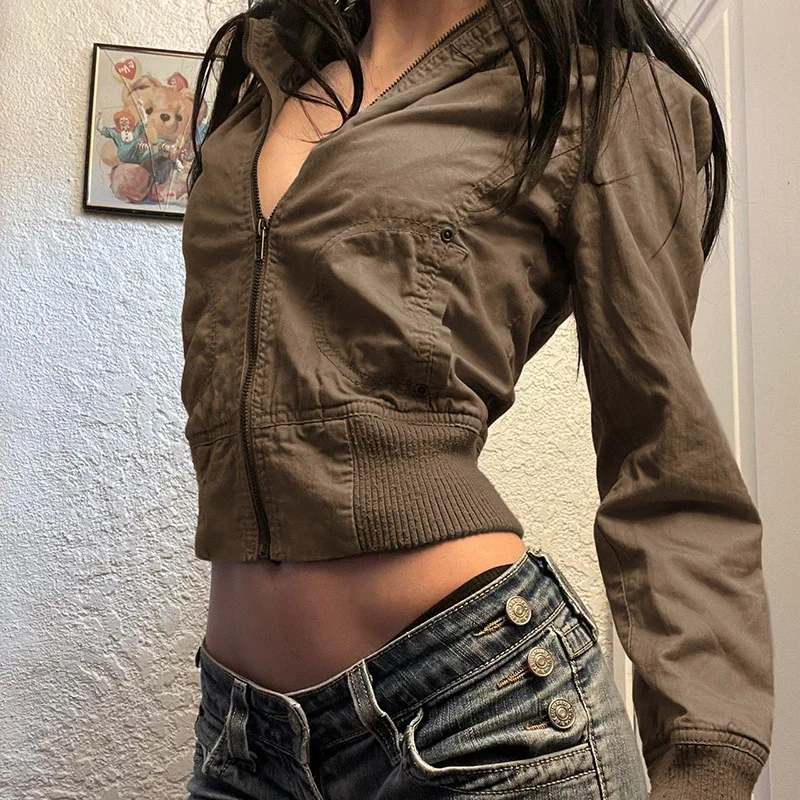 Vintage Cropped Jackets Women Stand Collar Solid Color Casual Coats Slim Pocket Zip Up Harajuku Safari Style Outwear