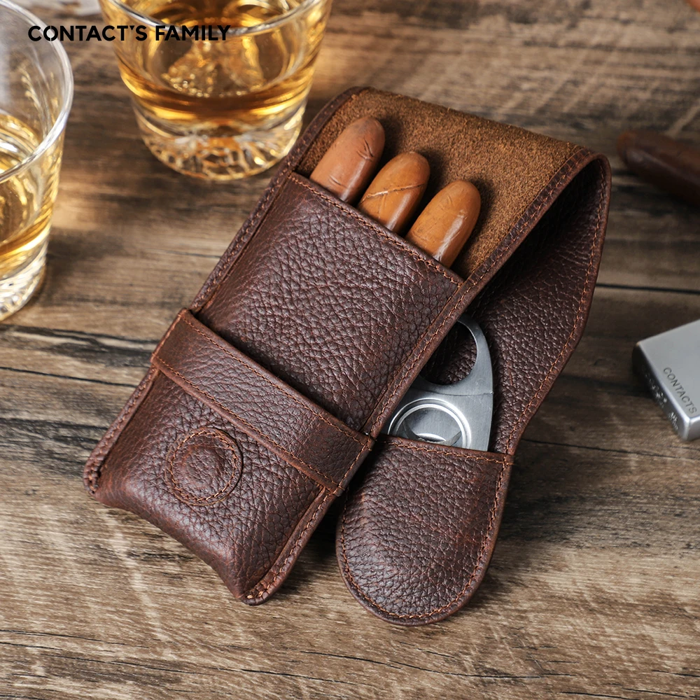 Three-Finger Genuine Leather Cigar Case Portable Travel Humidor Holder Box with Cigar Cutter Pouch Smoking Accessories