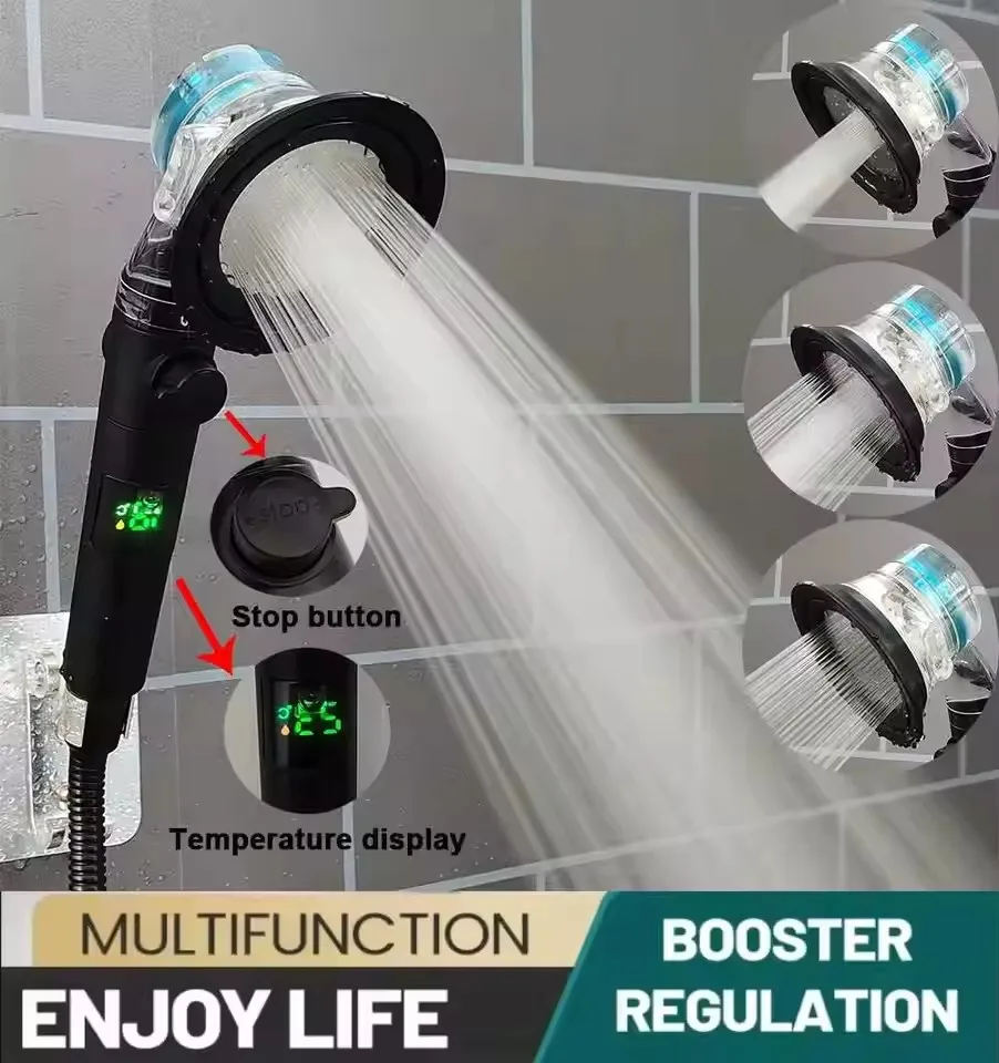 New 3 Modes LED Digital Temperature Display Shower Head Water Saving Fan Spray Nozzle High Pressure Rainfall Bathroom Shower