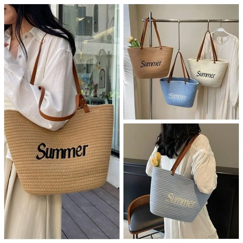 

Elegant Letter Women Tote Bag Korean Style Solid Color Weave Beach Bag Basket Large Capacity Cotton Rope Handbag Ladies/Girls