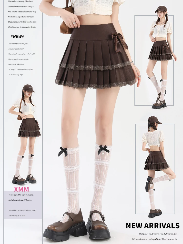 Caramel Pleated Skirt Women's A-Line Cake Skirt High Waist Lace Trim Knot Autumn New Style Casual Girl's Skirt