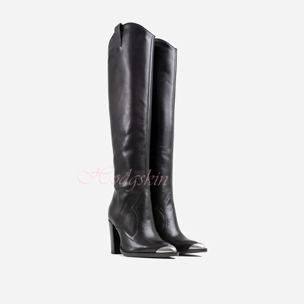 Metal Pointy Toe Boots Knee High Chunky High Heels Solid Leather Slip On Long Boots Women Sexy Shoes Winter Party Designer Black