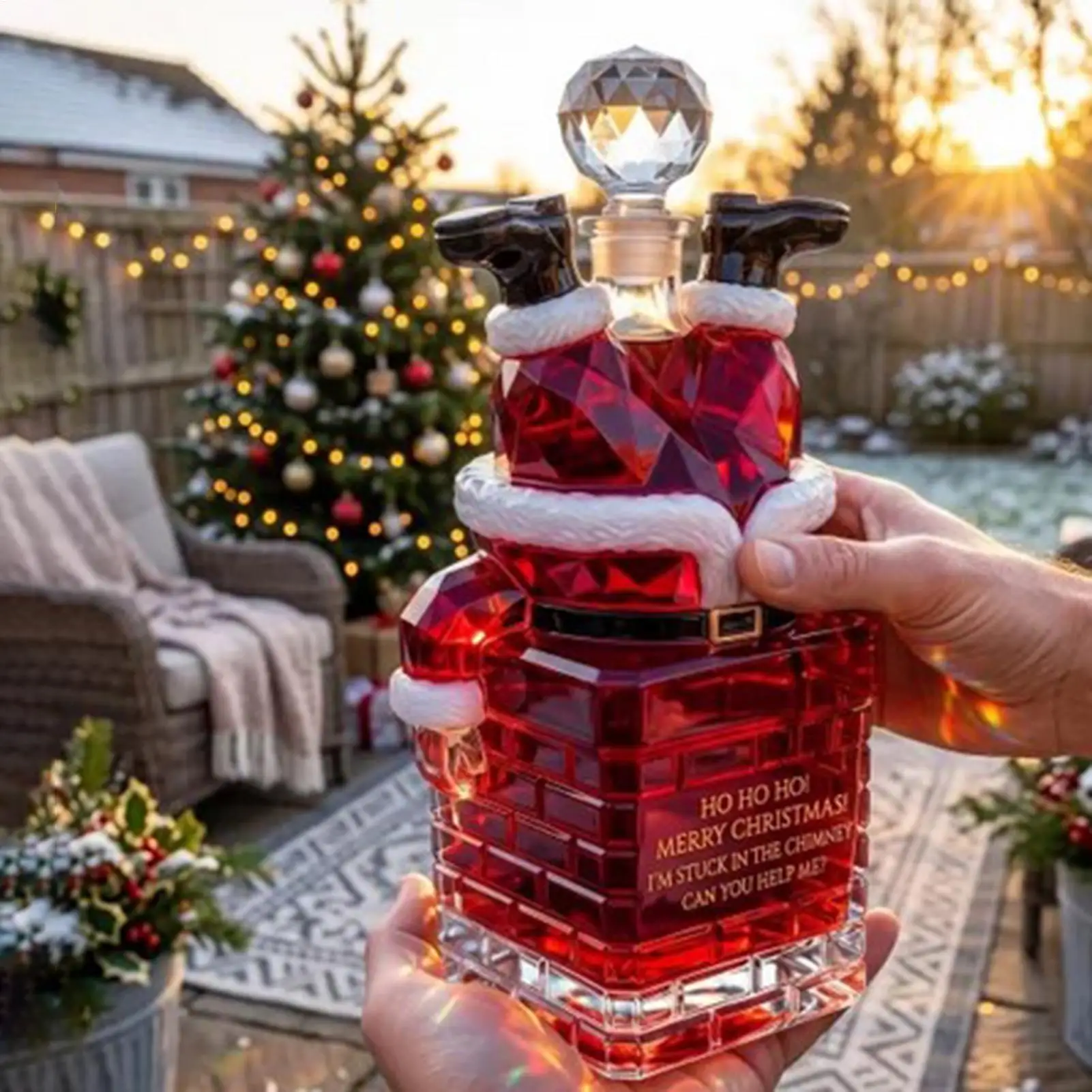 Glass Whiskey Bottle Empty Christmas Santa Stuck in Chimney Drinkware Novelty Beverage Bottle Home Decor for Vodka Brandy Wine