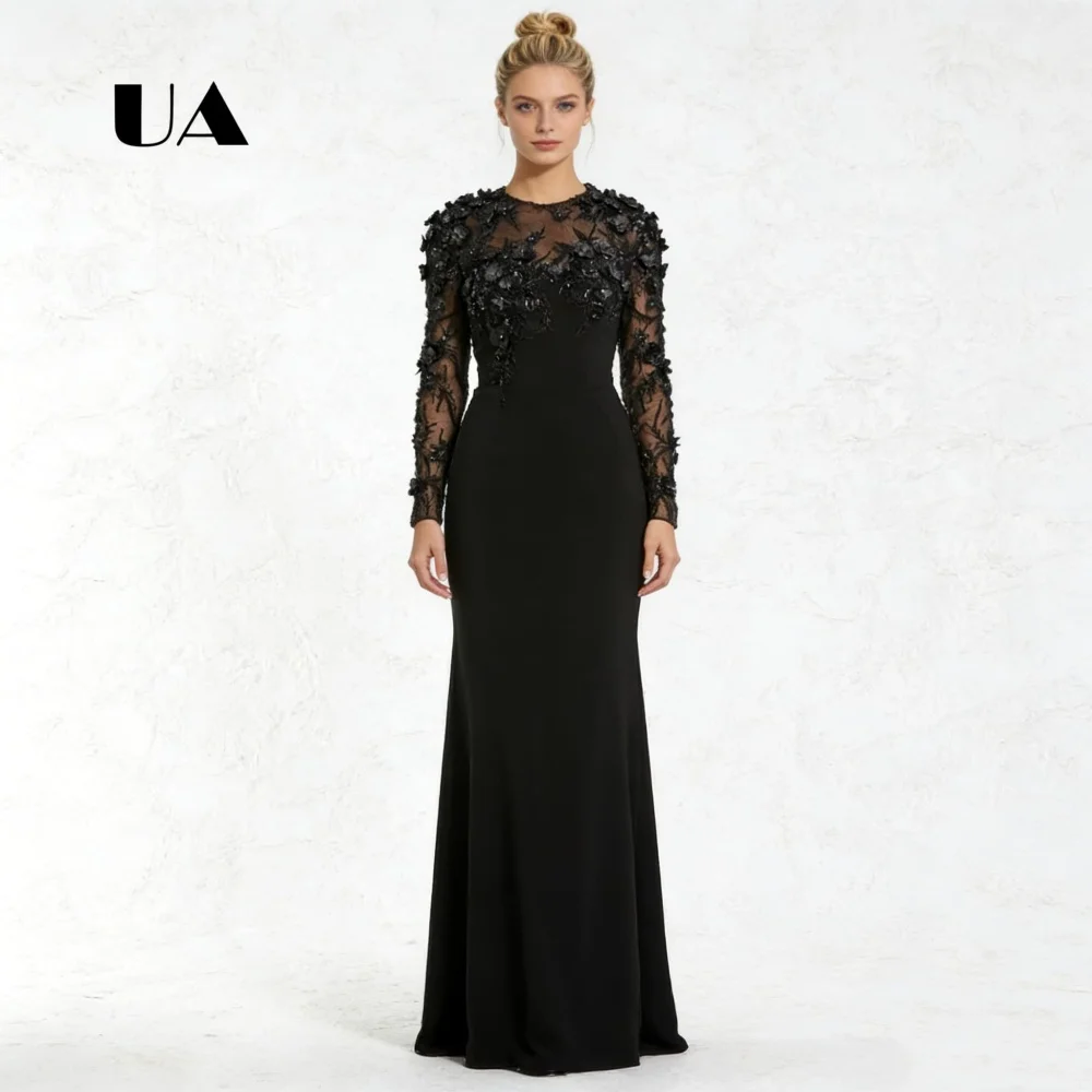 

Elegent Mermaid Prom Dress with Regular Sleeve,Solid O-neck Evening Dress with Back Slit, Flower Appliques Customized Party Gown